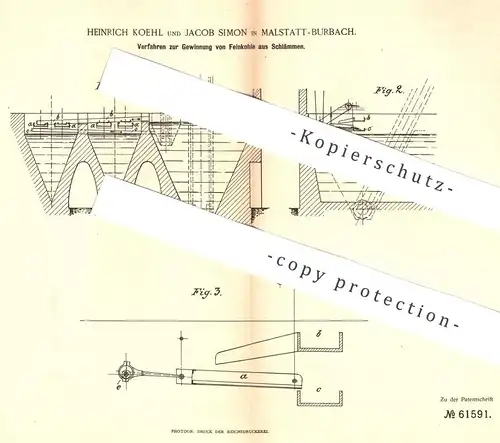 original Patent - Heinrich Koehl , Jacob Simon , Malstatt / Burbach , 1891 , Gewinnung von Feinkohle aus Schlamm | Kohle