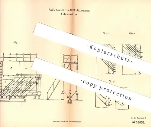 original Patent - Paul Gaillet , Lille / Frankreich , 1886 , Setzmaschine | Setzer , Metall , Erz , Erze !!!