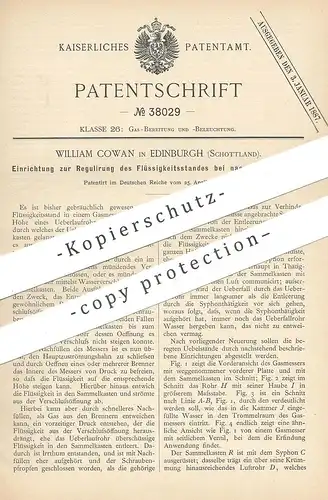 original Patent - William Cowan , Edinburgh , Schottland 1886 , Regulierung der Flüssigkeit am Gasmesser | Gas , Brenner