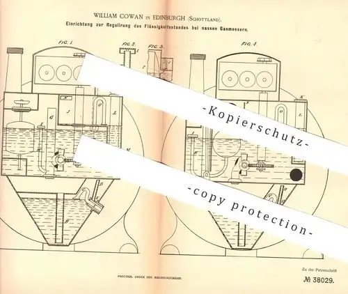 original Patent - William Cowan , Edinburgh , Schottland 1886 , Regulierung der Flüssigkeit am Gasmesser | Gas , Brenner