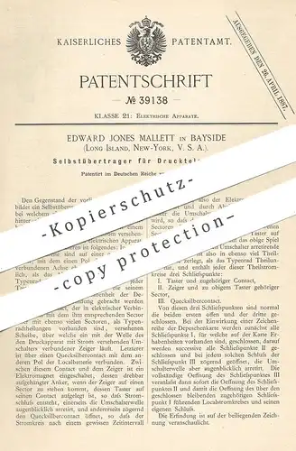 original Patent - Edward Jones Mallett , Bayside , Long Island , New York , USA , 1886 , Druck - Telegraph | Strom !!!
