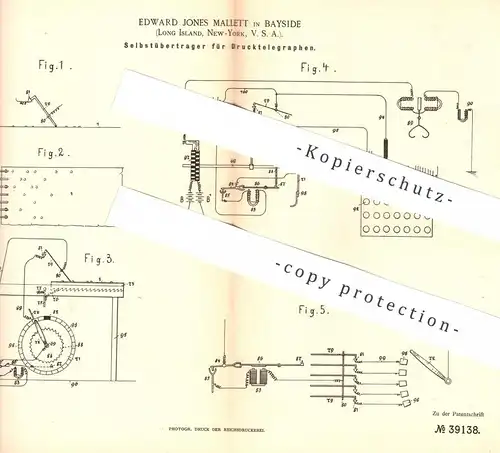 original Patent - Edward Jones Mallett , Bayside , Long Island , New York , USA , 1886 , Druck - Telegraph | Strom !!!