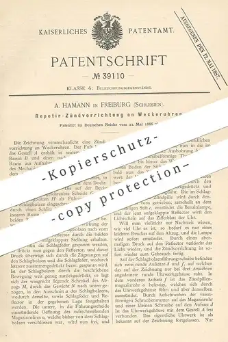 original Patent - A. Hamann , Freiburg , Schlesien , 1886 , Repetier-Zündvorrichtung an Weckeruhr | Wecker , Uhr | Uhren