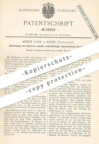 original Patent - André Coze , Reims , Frankreich , 1885 , Retorten - Anordnung | Retorte | Gas , Kohle , Ofen , Brenner