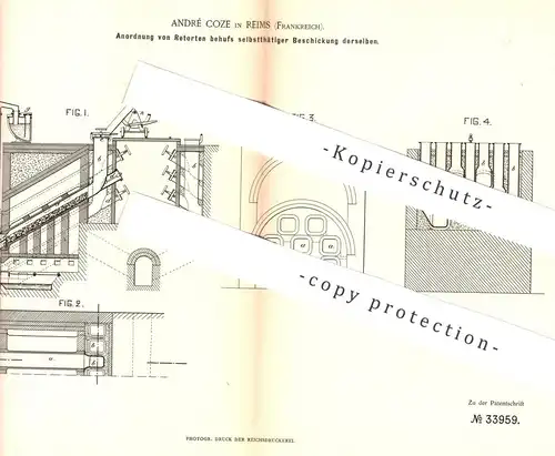 original Patent - André Coze , Reims , Frankreich , 1885 , Retorten - Anordnung | Retorte | Gas , Kohle , Ofen , Brenner