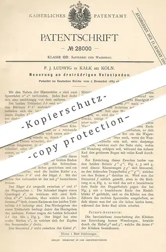 original Patent - P. J. Ludwig , Kalk / Köln , 1883 , dreirädriges Velociped | Dreirad , Fahrrad , Hochrad , Velo !!!