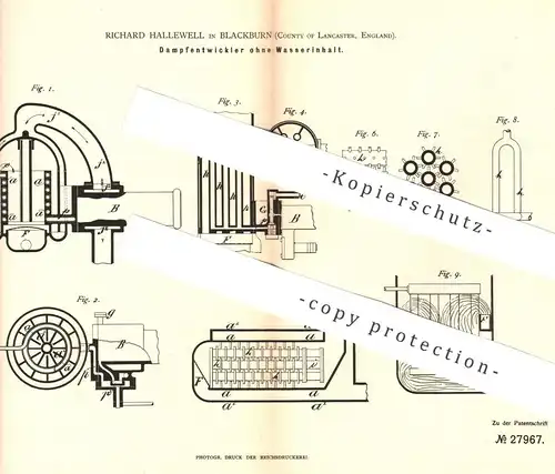 original Patent - Richard Hallewell , Blackburn , Lancaster , England , 1883 , Dampfentwickler | Dampfkessel , Kessel