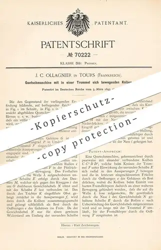 original Patent - J. C. Ollagnier , Tours , Frankreich , 1893 , Quetschmaschine für Obst | Presse , Mosterei | Gärtner