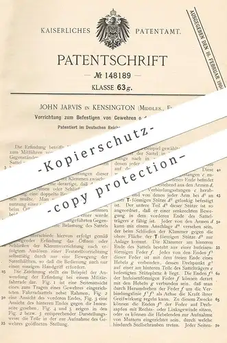 original Patent - John Jarvis , Kensington , Middlesex , England , 1902 | Halterung für Gewehr am Fahrrad | Waffen !!!