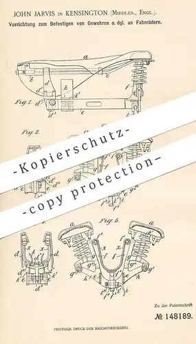 original Patent - John Jarvis , Kensington , Middlesex , England , 1902 | Halterung für Gewehr am Fahrrad | Waffen !!!