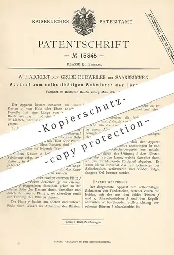 original Patent - W. Haeckert auf Grube Dudweiler / Saarbrücken , 1881 , Schmieren der Förderseile | Bergbau | Bergwerk