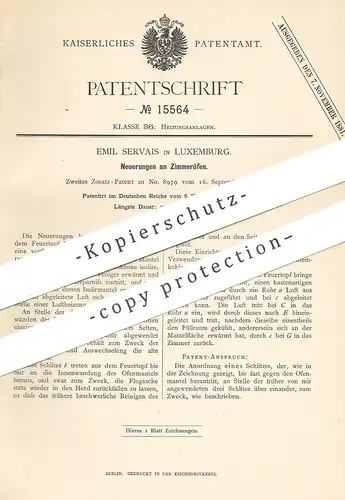 original Patent - Emil Servais , Luxemburg , 1880 , Zimmerofen | Ofen , Öfen , Ofenbauer , Heizung , Feuerung !!!