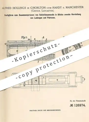 original Patent - Alfred Hollings , Chorlton cum Hardy | Manchester , Lancaster | Pressen von Schießbaumwolle | Patronen