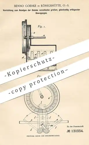 original Patent - Benno Goerke , Königshütte , Schlesien | 1901 | Anzeige | Zählwerk , Zeigerwelle | Waage , Gewicht !!