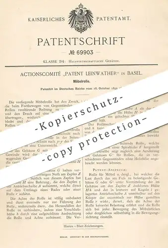 original Patent - Actionscomité Patent Leinwather , Basel , 1892 , Möbelrolle | Möbel , Schrank , Rolle | Möbelbauer