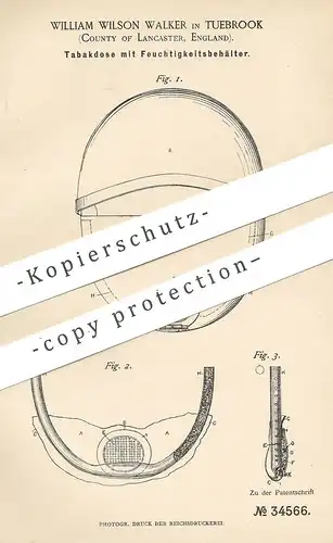 original Patent - William Wilson Walker , Tuebrook , Lancaster , England , 1885 , Tabakdose | Tabak - Dose | Zigarren