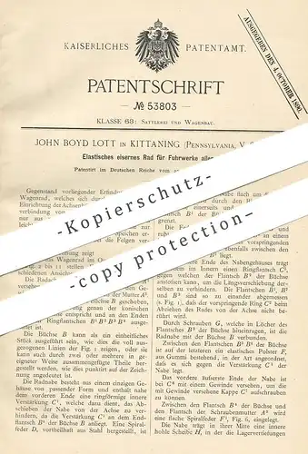 original Patent - John Boyd Lott , Kittaning , Pennsylvania USA , 1889 , Elastisches eisernes Rad für Fuhrwerk , Kutsche