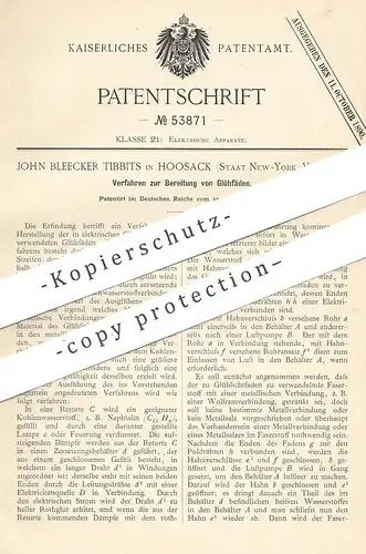 original Patent - John Bleecker Tibbits , Hoosack , New York USA 1889 , Bereitung von Glühfäden | Glühlampe | Glühlicht