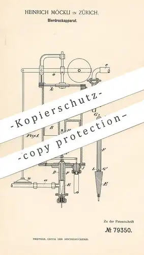 original Patent - Heinrich Möckli , Zürich , 1894 , Bierdruckapparat | Bier - Zapfanlage | Pumpe , Pumpen !!!