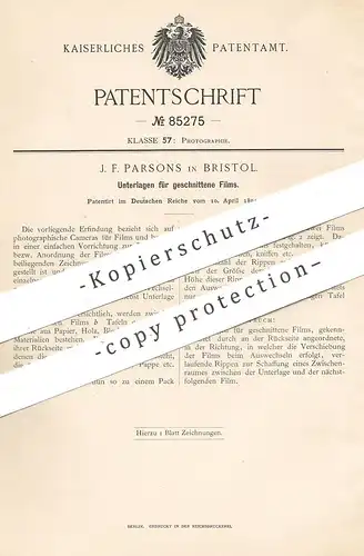 original Patent - J. F. Parsons , Bristol , 1894 , Unterlagen für geschnittene Filme | Kamera | Film , Fotografie , Foto
