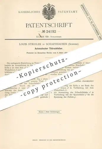 original Patent - Louis Stiehler , Schaffhausen , Schweiz , 1883 , Automatischer Türschließer | Tür , Türen , Schloss !