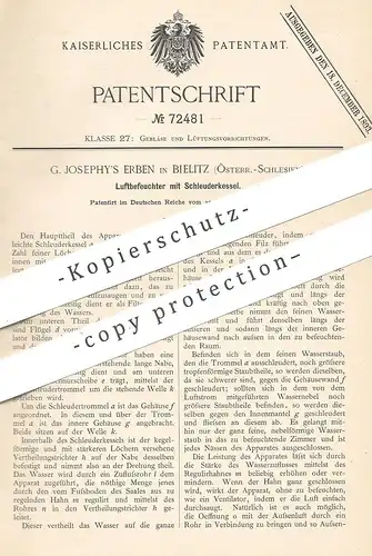 original Patent - G. Josephy Erben , Bielitz , Österr. Schlesien , 1893 , Luftbefeuchter mit Schleuderkessel | Gebläse