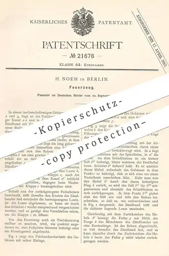 original Patent - H. Noeh , Berlin , 1882 , Feuerzeug | Taschenfeuerzeug | Feuer , Zünder | Taschenuhr !!