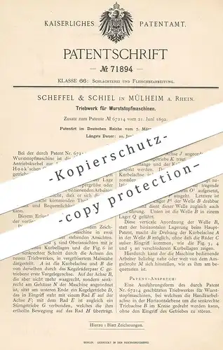 original Patent - Scheffel & Schiel , Mülheim / Ruhr , 1893 , Triebwerk für Wurststopfmaschine | Schlachter , Fleischer