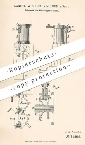 original Patent - Scheffel & Schiel , Mülheim / Ruhr , 1893 , Triebwerk für Wurststopfmaschine | Schlachter , Fleischer