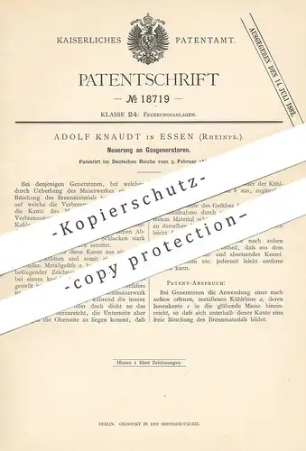 original Patent - Adolf Knaudt , Essen / Rheinpr. , 1882 , Gasgenerator | Gas - Generator | Feuerung , Ofen !!