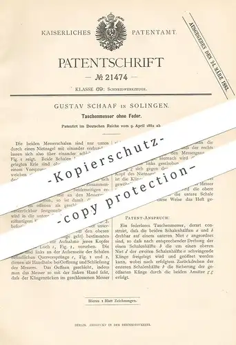 original Patent - Gustav Schaaf , Solingen , 1882 , Taschenmesser ohne Feder | Messer | Messerklinge , Klinge !!!