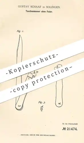 original Patent - Gustav Schaaf , Solingen , 1882 , Taschenmesser ohne Feder | Messer | Messerklinge , Klinge !!!