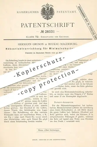 original Patent - Hermann Gruson , Magdeburg / Buckau , 1883 , Höhenvorrichtung für Minimalscharten - Laffette | Waffen