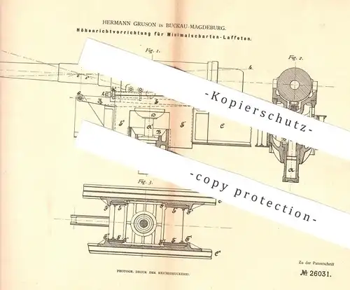 original Patent - Hermann Gruson , Magdeburg / Buckau , 1883 , Höhenvorrichtung für Minimalscharten - Laffette | Waffen