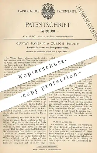 original Patent - Gustav Daverio , Zürich / Schweiz , 1886 , Plansieb für Gries- und Dunstputzmaschine | Sieb | Mühle