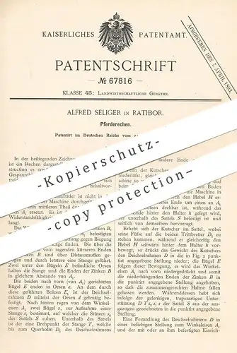 original Patent - Alfred Seliger , Ratibor , 1892 , Pferderechen | Pferde - Rechen | Pferd , Landwirtschaft , Getreide !