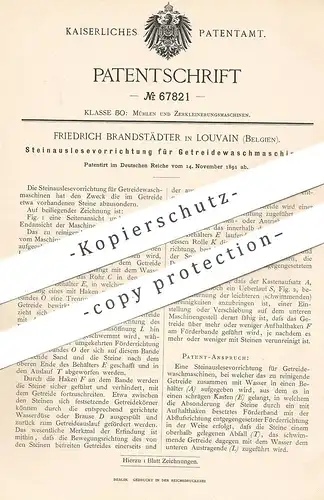 original Patent - Friedrich Brandstädter , Louvain , Belgien , 1891 , Steinauslese für Getreide - Waschmaschine | Mühle