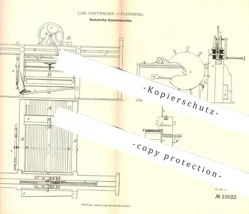 original Patent - Chr. Hartwigsen , Flensburg 1882 , Korkstreifen - Schneidemaschine | Kork - Holz | Korkholz | Tischler