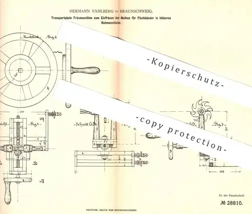original Patent - Hermann Vahlberg , Braunschweig , 1884 , Fräsmaschine | Fräse , Fräsen , Kreissäge , Säge | Holz !!!