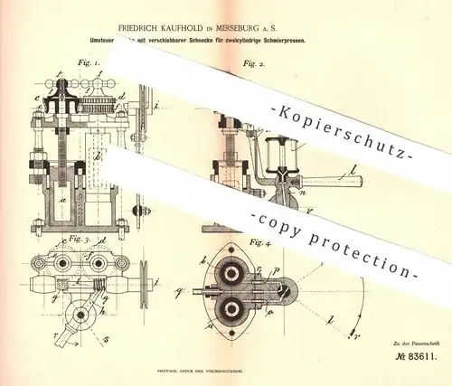 original Patent - Friedrich Kaufhold , Merseburg 1895 , Umsteuergetriebe für Schmierpresse | Getriebe | Presse , Pressen