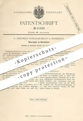 original Patent - G. Friedrich Schlegelmilch , Manebach , 1882 , Barometer | Luftdruck | Quecksilber | Thermometer !!!