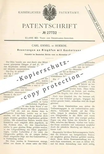 original Patent - Carl Emmel , Hoerde , 1883 , Ringofen mit Gasofen | Gas - Ofen | Ofenbauer , Öfen | Ziegel , Ton !!!