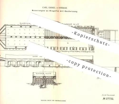 original Patent - Carl Emmel , Hoerde , 1883 , Ringofen mit Gasofen | Gas - Ofen | Ofenbauer , Öfen | Ziegel , Ton !!!