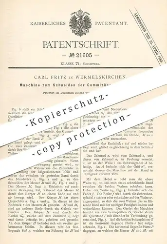 original Patent - Carl Fritz , Wermelskirchen , 1882 , Schneiden von Gummizug für Stiefel - Schaft | Schuhe , Schuster !