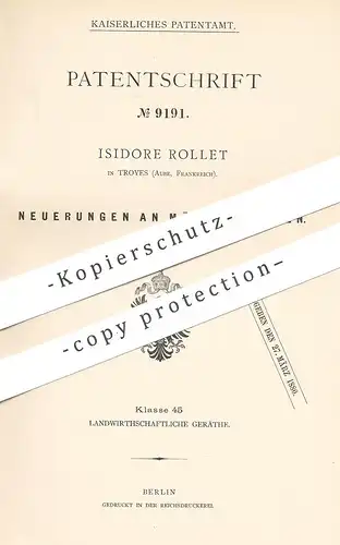 original Patent - Isidore Rollet , Troyes , Aube , Frankreich , 1879 , Mähmaschine | Mähmaschinen | Mähen , Mähdrescher