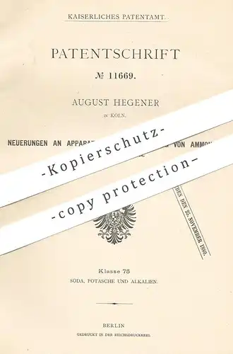 original Patent - August Hegener , Köln / Rhein , 1880 , Entwicklung von Ammoniak aus Gaswasser | Chemie , Gas !!!