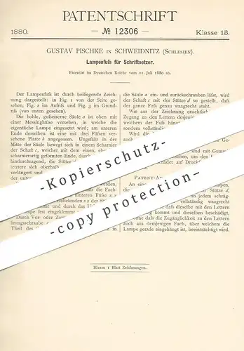 original Patent - Gustav Pischke , Schweidnitz , Schlesien , 1880 , Lampenfuß für Schriftsetzer | Lampe , Druckerei !!