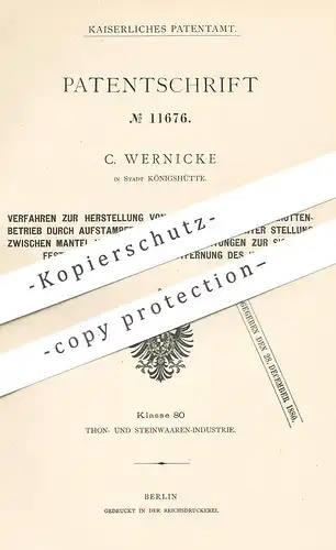 original Patent - C. Wernicke , Stadt Königshütte , 1880 , Muffeln für den Zinkhüttenbetrieb | Ton , Zink , Gestein !!!