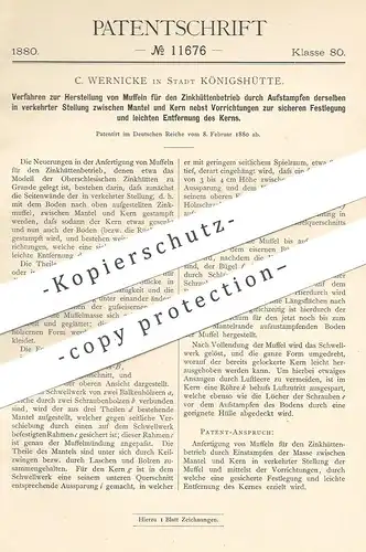 original Patent - C. Wernicke , Stadt Königshütte , 1880 , Muffeln für den Zinkhüttenbetrieb | Ton , Zink , Gestein !!!