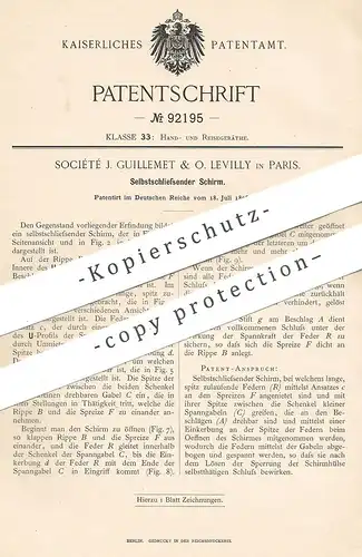 original Patent - Société J. Guillemet & O. Levilly , Paris , Frankreich  1896 , Selbstschließender Schirm | Regenschirm